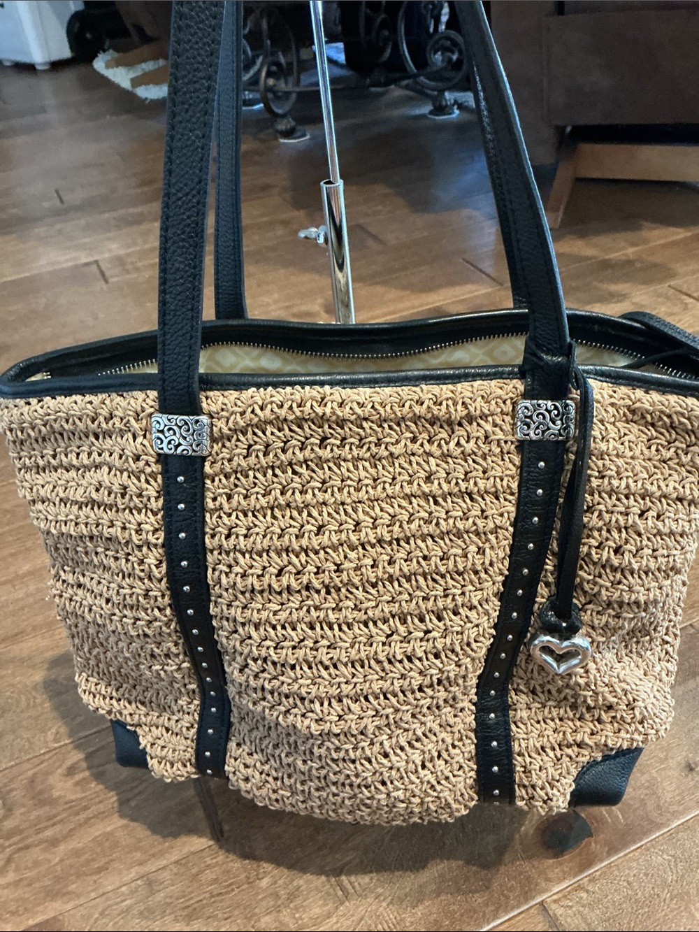 Brighton Natural Straw Tote with Black Leather Trim and Heart Charm